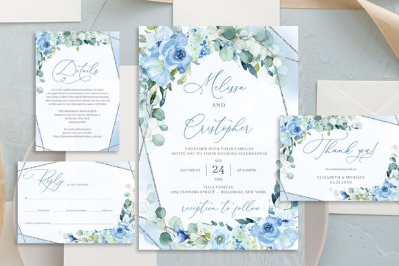 Download Dusty Blue Floral Wedding Invitation Set - Premium Bundle