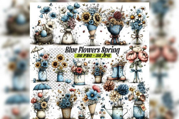 Download Whimsical Blue Spring Flowers Clipart Se - Spring flowers Collection